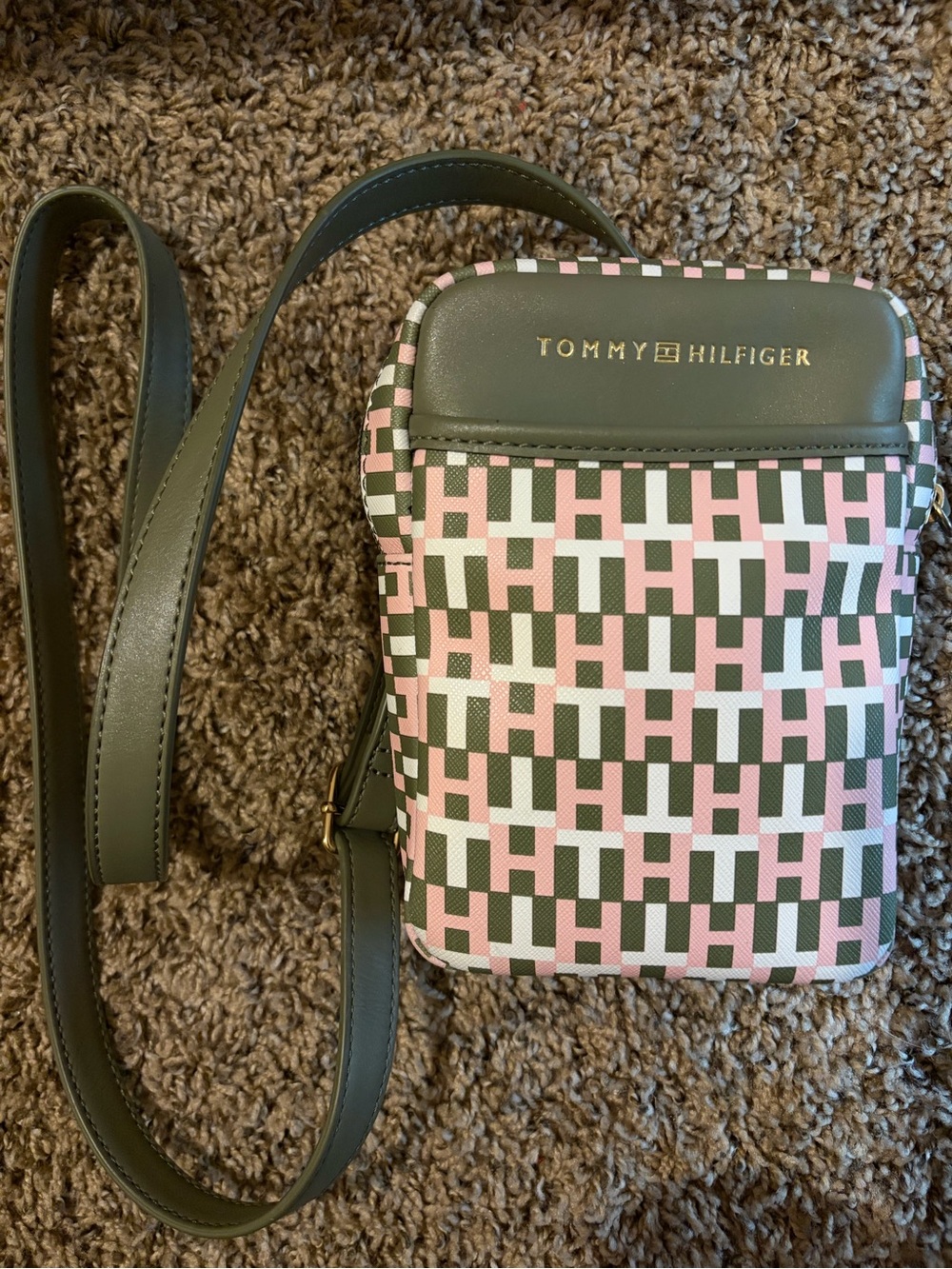 Tommy Hilfiger Olive Green & Pink Check Mini Crossbody